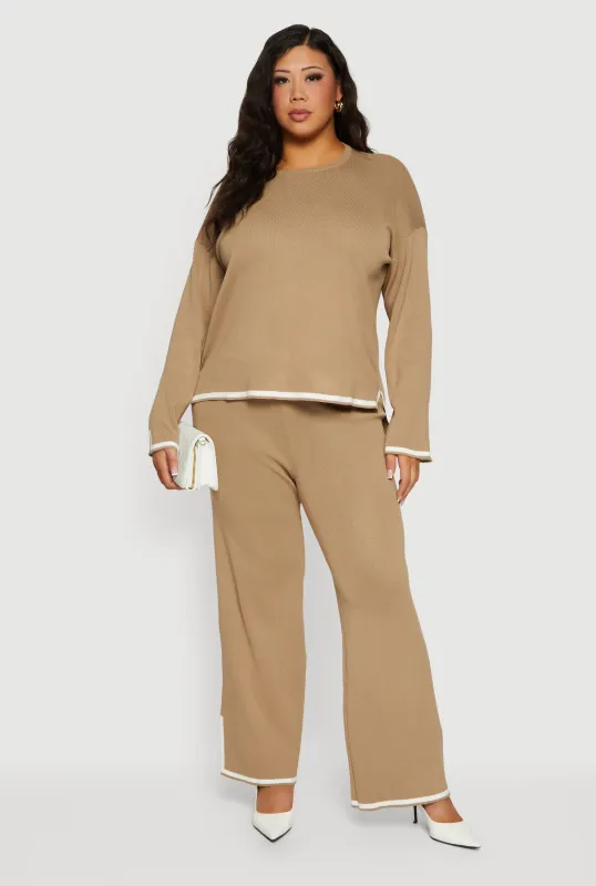 Plus Size High Waisted Wide Leg Pants with Contrast Trim sold by Rainbow