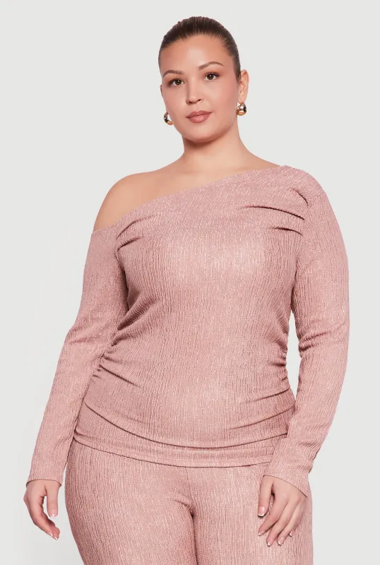 Plus Size Side Ruched One Shoulder Long Sleeve Blouse sold by Rainbow