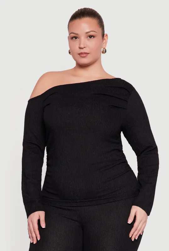 Plus Size Side Ruched One Shoulder Long Sleeve Blouse sold by Rainbow