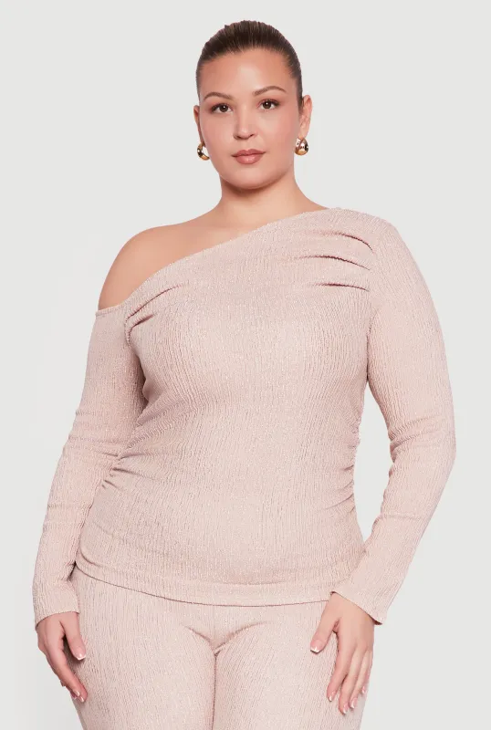Plus Size Side Ruched One Shoulder Long Sleeve Blouse sold by Rainbow
