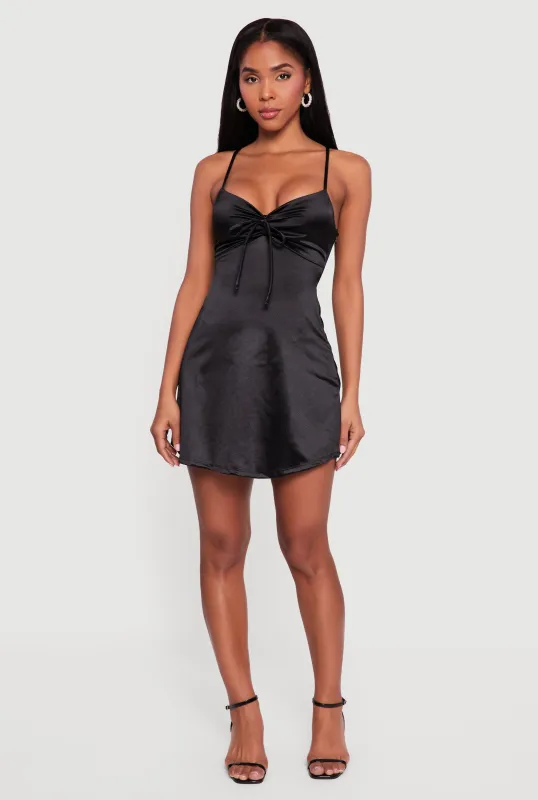 Satin Bow Front V-Neck Mini Dress sold by Rainbow