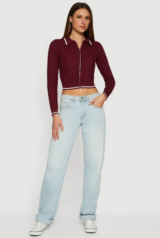 Contrast Trim Zip Front Textured Knit Sweater sold by Rainbow