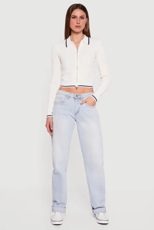 Contrast Trim Zip Front Textured Knit Sweater sold by Rainbow