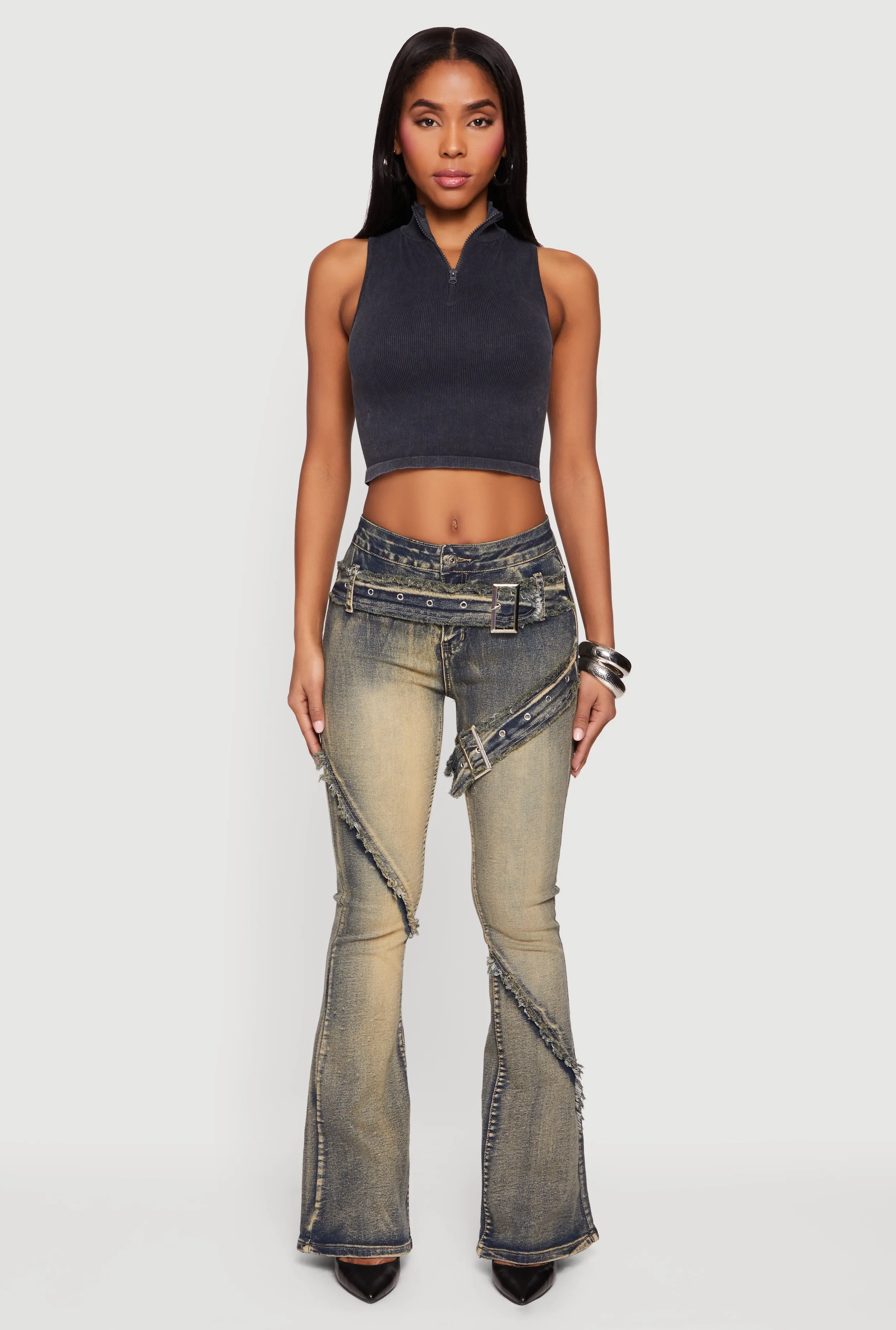 Trendy Buckle Details Frayed Flare Leg Jeans sold by Rainbow