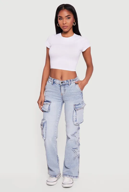 Star Applique Acid Wash Straight Leg Cargo Jeans sold by Rainbow