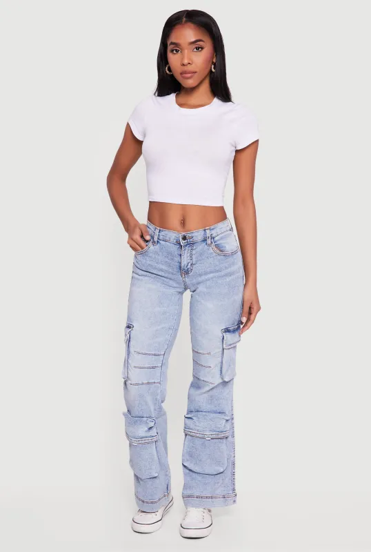 Stone Wash Cargo Pocket Flare Leg Jeans sold by Rainbow