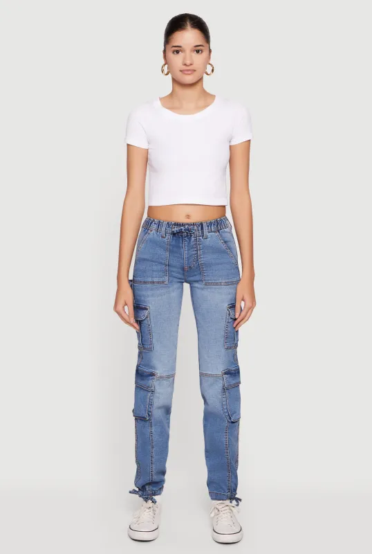 Drawstring Waist Mid Rise Cargo Pocket Denim Joggers sold by Rainbow