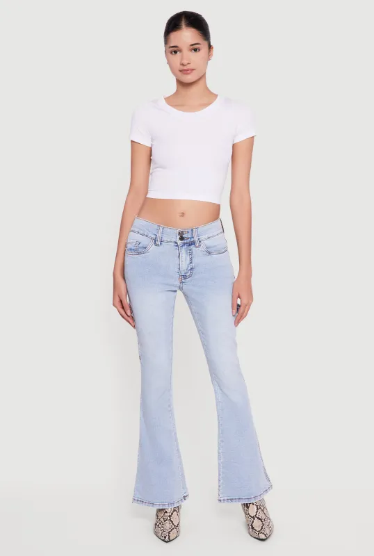 Cell Phone Pocket Mid Rise Stretchy Flare Leg Jeans made by Rainbow