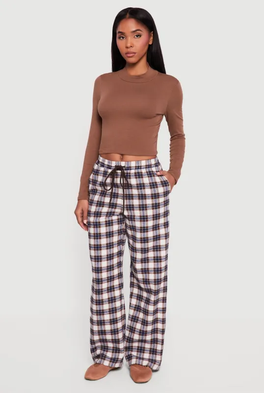 Plaid Flannel Drawstring Waist Wide Leg Pants made by Rainbow
