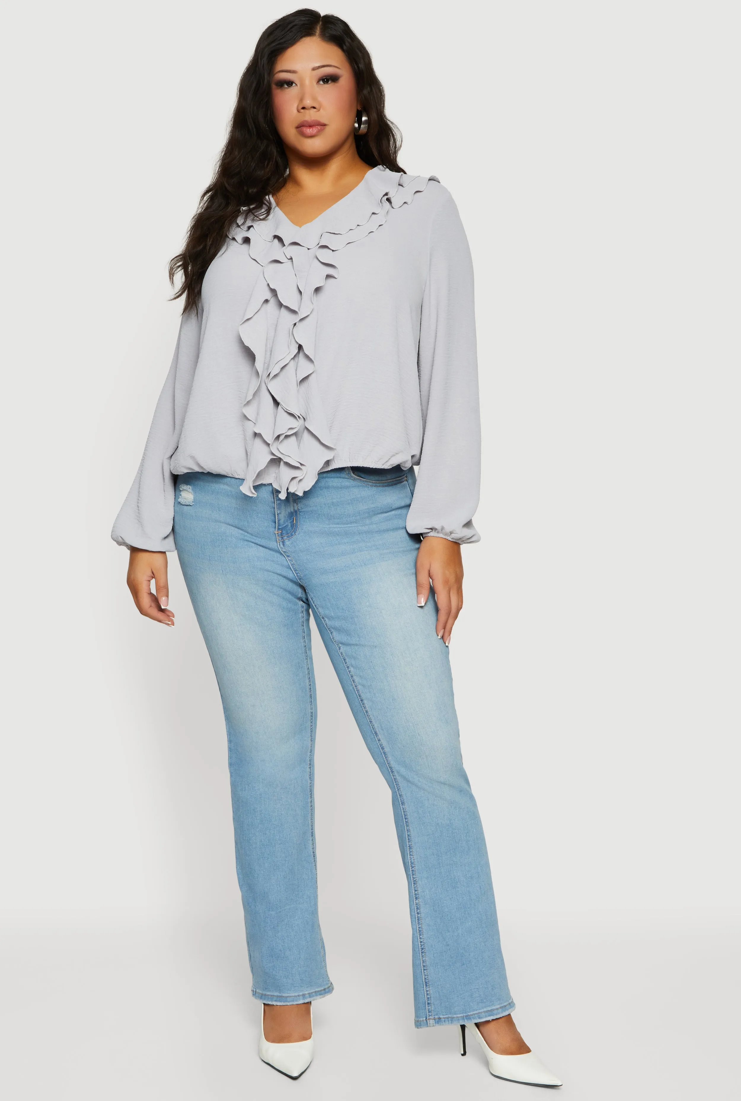 Plus Sized Tiered Ruffle Trim Bubble Sleeve Blouse sold by Rainbow