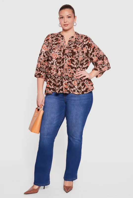 Plus Size Patterned Notch Neck Blouse sold by Rainbow