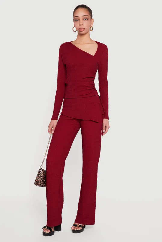 Textured Knit Side Tie Asymmetrical Fold Over Waist Pants sold by Rainbow