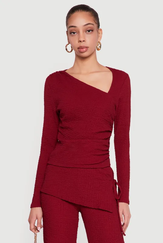 Ruched Textured Knit Asymmetrical Neck Blouse sold by Rainbow