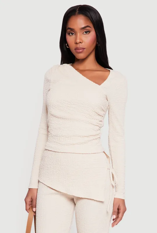 Ruched Textured Knit Asymmetrical Neck Blouse sold by Rainbow