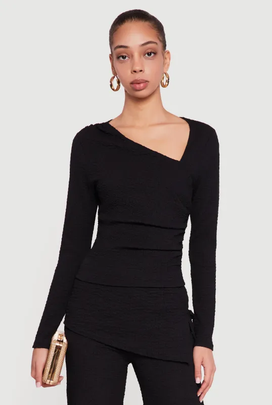 Ruched Textured Knit Asymmetrical Neck Blouse sold by Rainbow