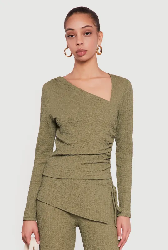 Ruched Textured Knit Asymmetrical Neck Blouse sold by Rainbow