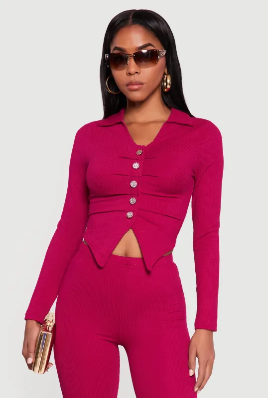 Long Sleeve Ruched Faux Button Front Collared Blouse sold by Rainbow