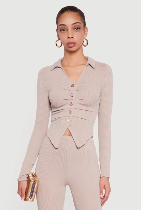 Long Sleeve Ruched Faux Button Front Collared Blouse sold by Rainbow