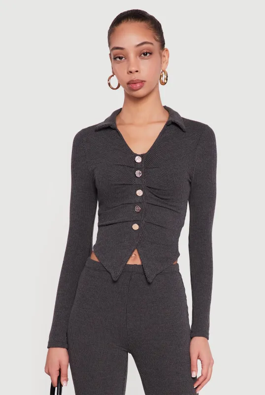 Long Sleeve Ruched Faux Button Front Collared Blouse sold by Rainbow