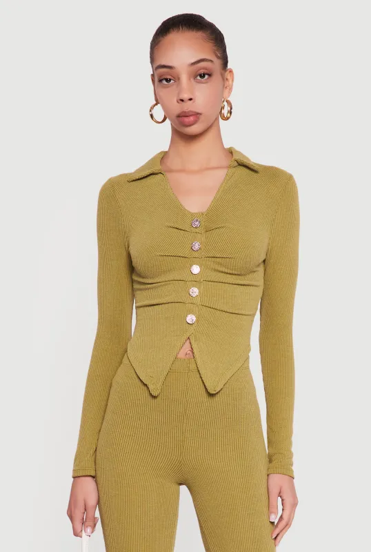 Long Sleeve Ruched Faux Button Front Collared Blouse sold by Rainbow