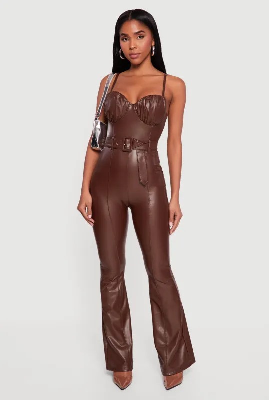 Faux Leather Ruched Sweetheart Neckline Belted Jumpsuit made by Rainbow