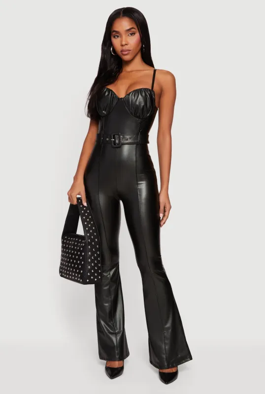 Faux Leather Ruched Sweetheart Neckline Belted Jumpsuit sold by Rainbow