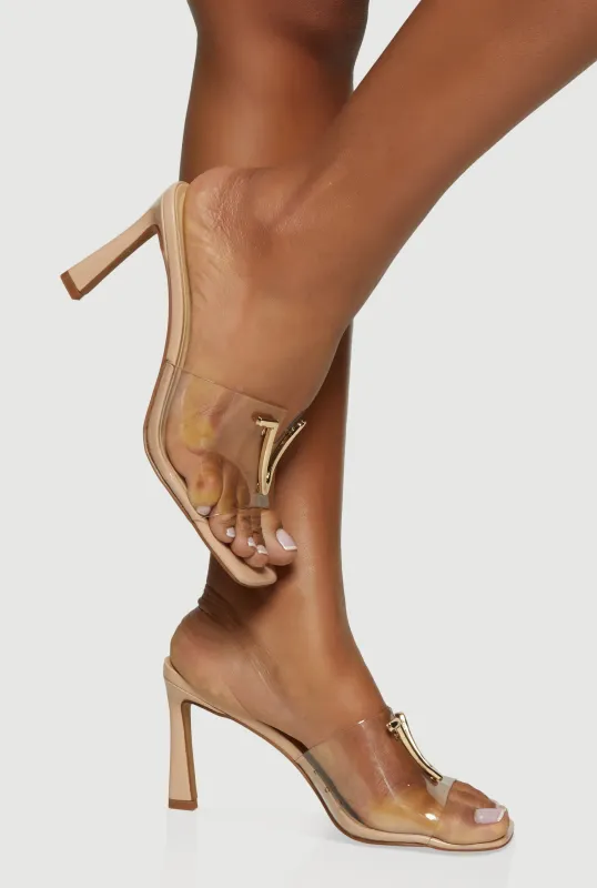 Metallic V Pendant Open Toe High Heel Mules made by Rainbow