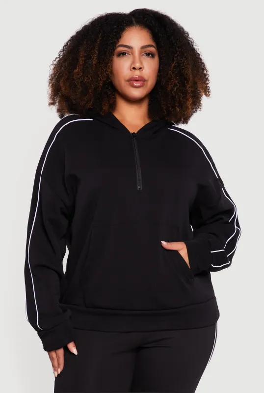 Plus Size Contrast Piping Kangaroo Pocket Pullover Hoodie sold by Rainbow