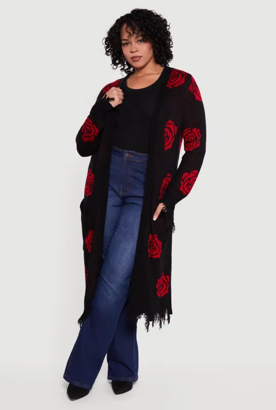 Plus Size Printed Distressed Hem Open Front Long Cardigan sold by Rainbow