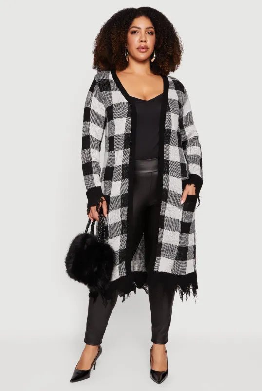 Plus Size Printed Distressed Hem Open Front Long Cardigan sold by Rainbow