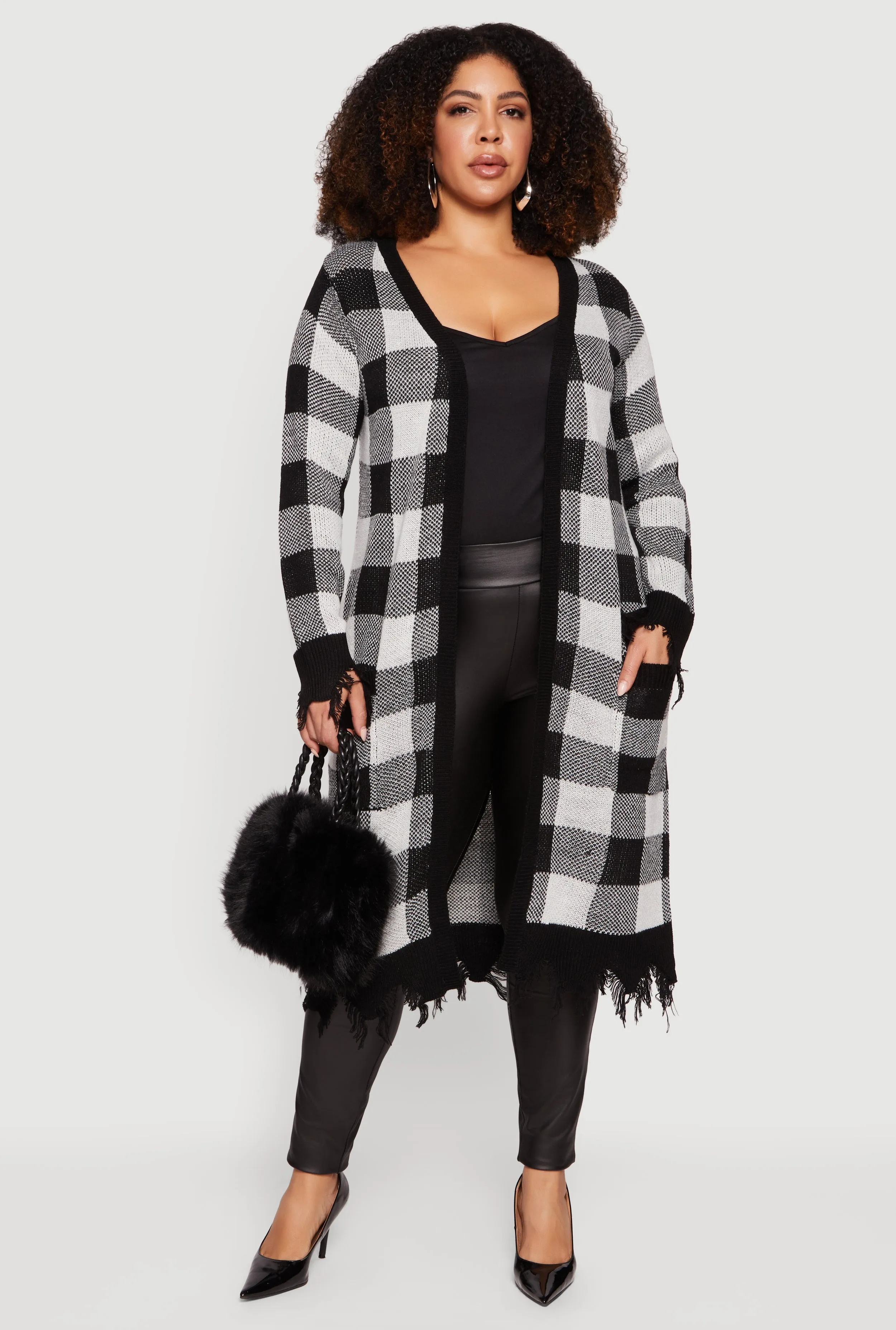 Plus Size Printed Distressed Hem Open Front Long Cardigan sold by Rainbow