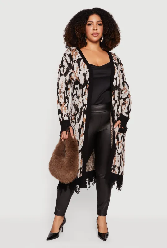Plus Size Printed Distressed Hem Open Front Long Cardigan sold by Rainbow