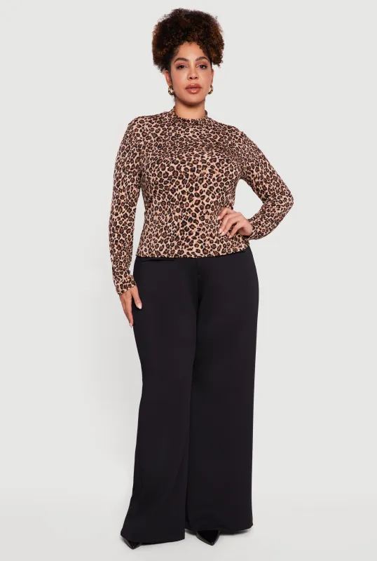 Plus Size Leopard Print Long Sleeve Mock Neck Blouse sold by Rainbow