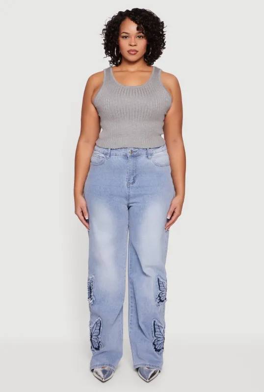 Plus Size High Waisted Embroidered Butterfly Jeans sold by Rainbow