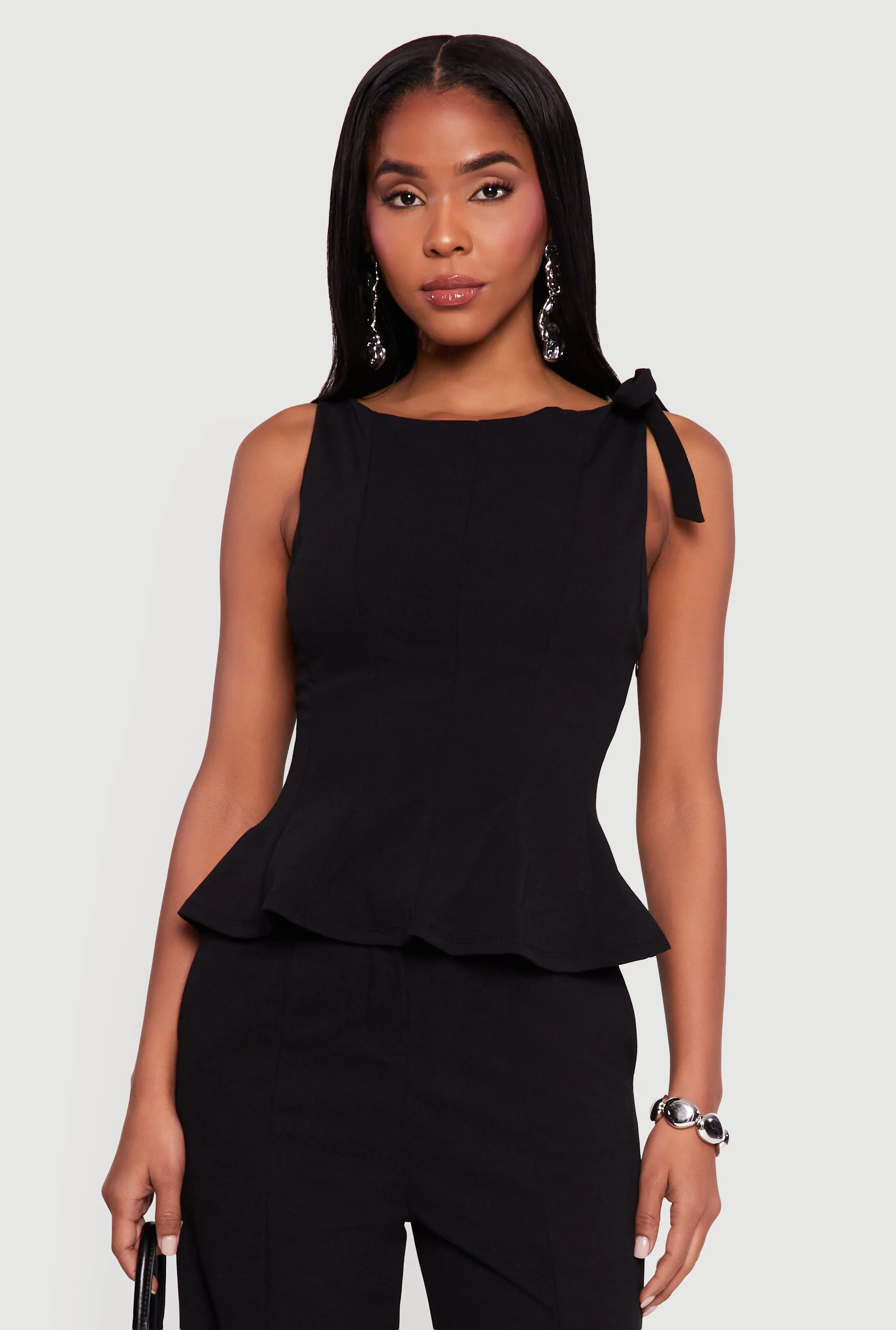 Bow Detail Sleeveless Boat Neck Peplum Top sold by Rainbow