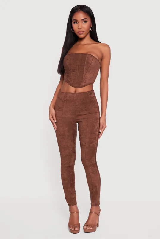 Faux Suede Cropped Corset Top and Leggings Set sold by Rainbow