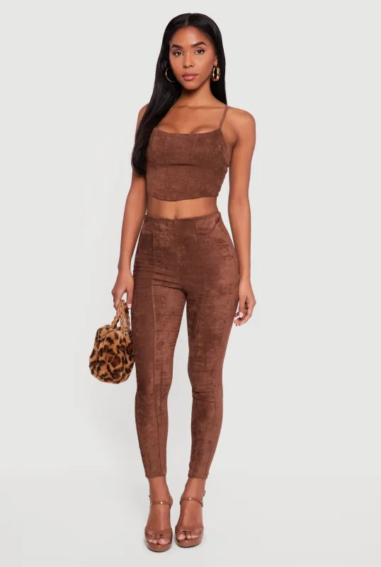 Faux Suede Cropped Lace Up Back Bustier Top and Leggings Set sold by Rainbow