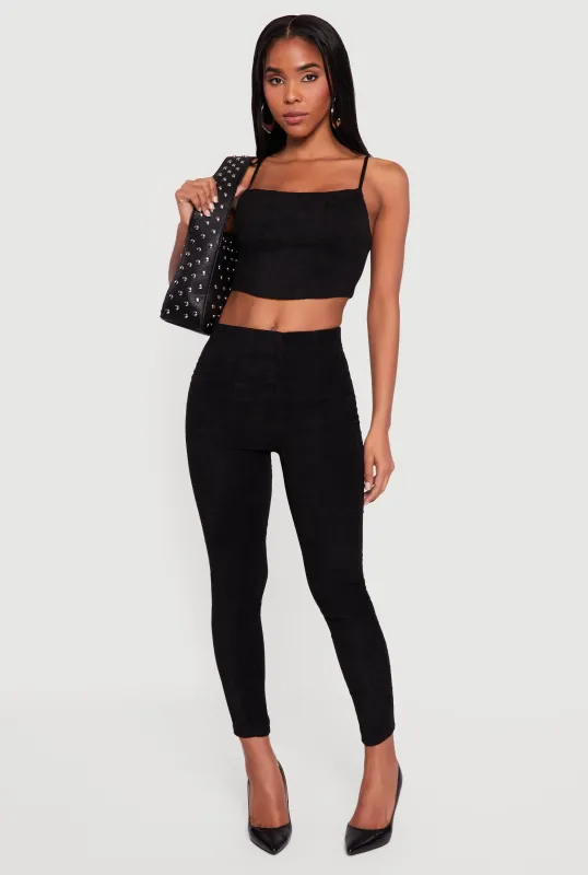 Faux Suede Cropped Lace Up Back Bustier Top and Leggings Set made by iris