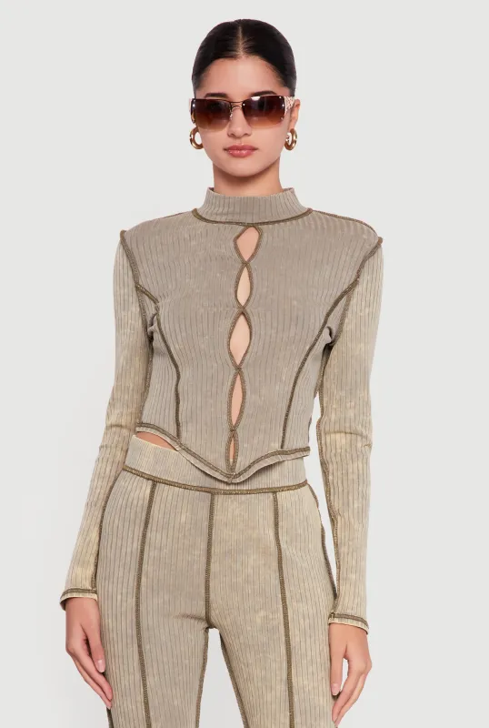 Acid Wash Keyhole Detail Ribbed Knit Top sold by Rainbow