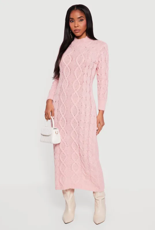 Long Sleeve Cable Knit Mock Neck Sweater Dress sold by Rainbow