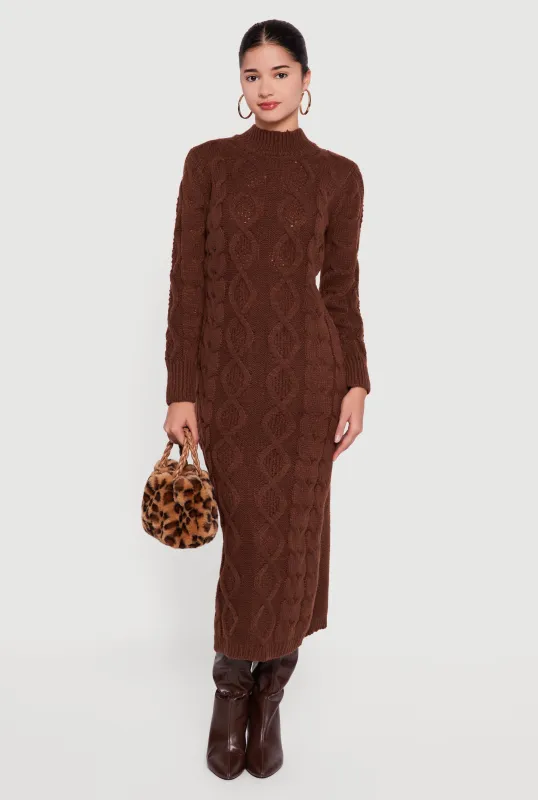 Long Sleeve Cable Knit Mock Neck Sweater Dress sold by Rainbow