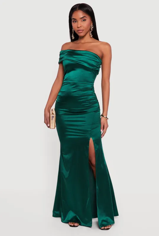 Satin Asymmetrical Fold Over Off the Shoulder Maxi Dress sold by Rainbow