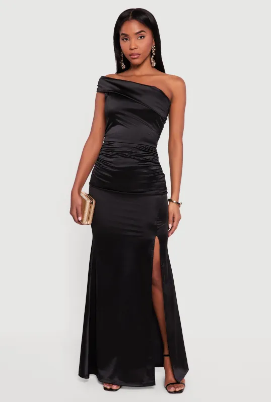 Satin Asymmetrical Fold Over Off the Shoulder Maxi Dress sold by Rainbow