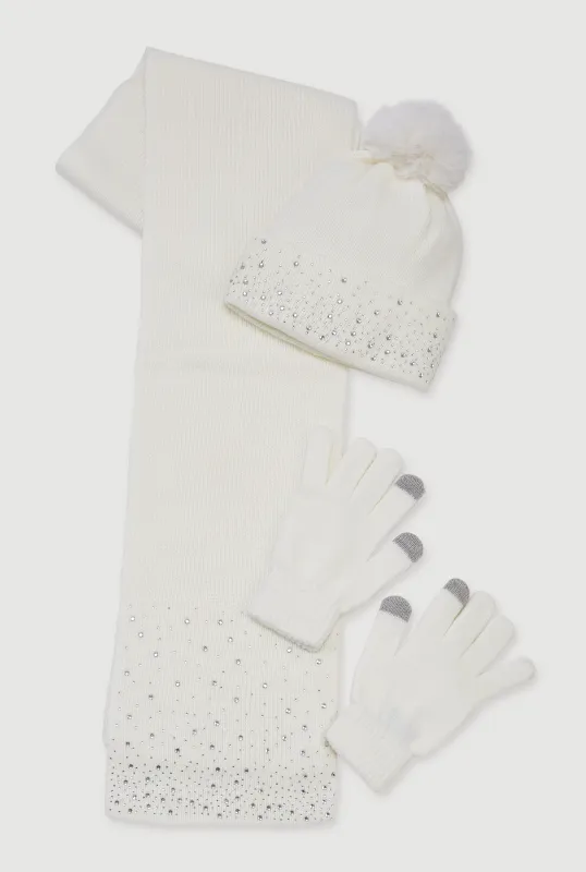 Rhinestone Detail Beanie with Long Scarf and Texting Gloves sold by Rainbow