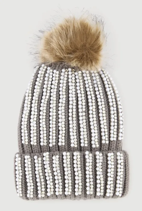 Faux Fur Pom Pom Faux Pearl and Rhinestone Striped Beanie sold by Rainbow