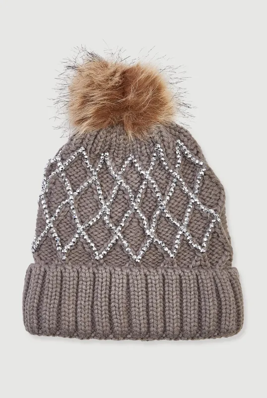 Rhinestone Pattern Knitted Beanie with Pom Pom sold by Rainbow