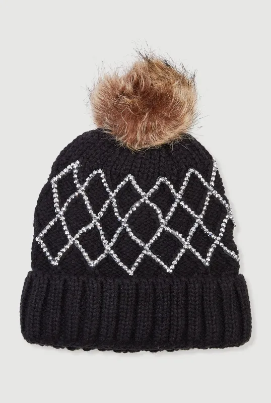 Rhinestone Pattern Knitted Beanie with Pom Pom sold by Rainbow
