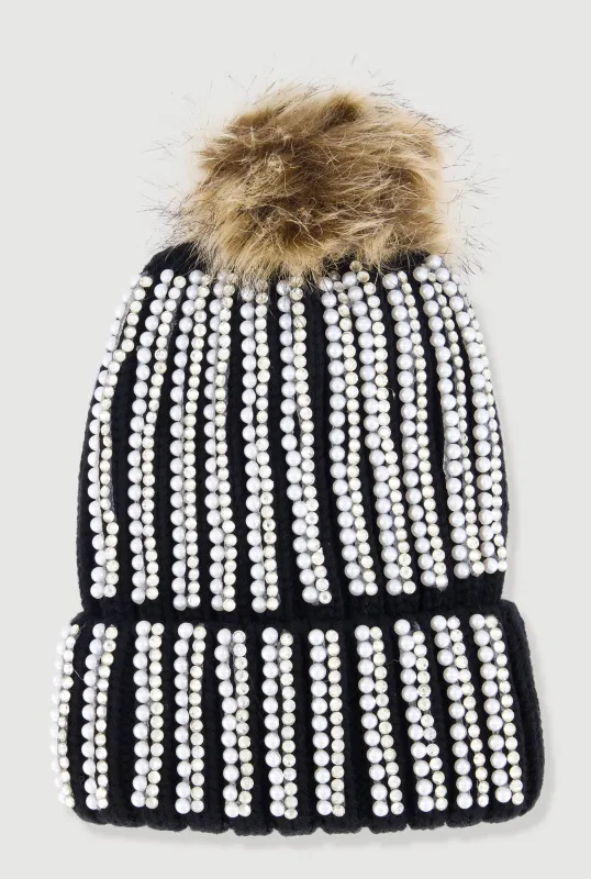 Faux Fur Pom Pom Faux Pearl and Rhinestone Striped Beanie sold by Rainbow
