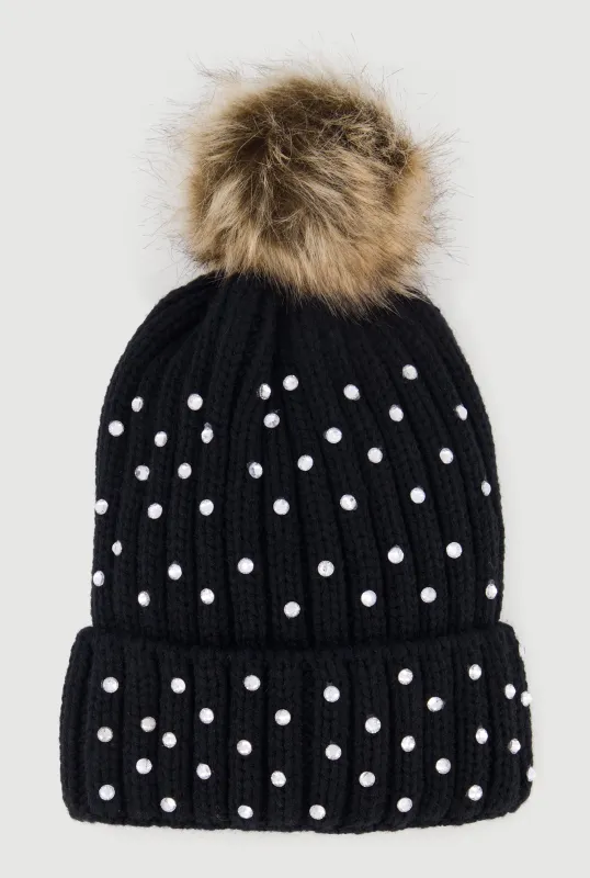 Faux Fur Pom Pom Rhinestone Detail Beanie sold by Rainbow