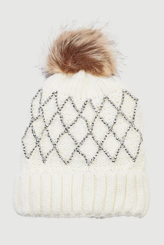 Rhinestone Pattern Knitted Beanie with Pom Pom sold by Rainbow